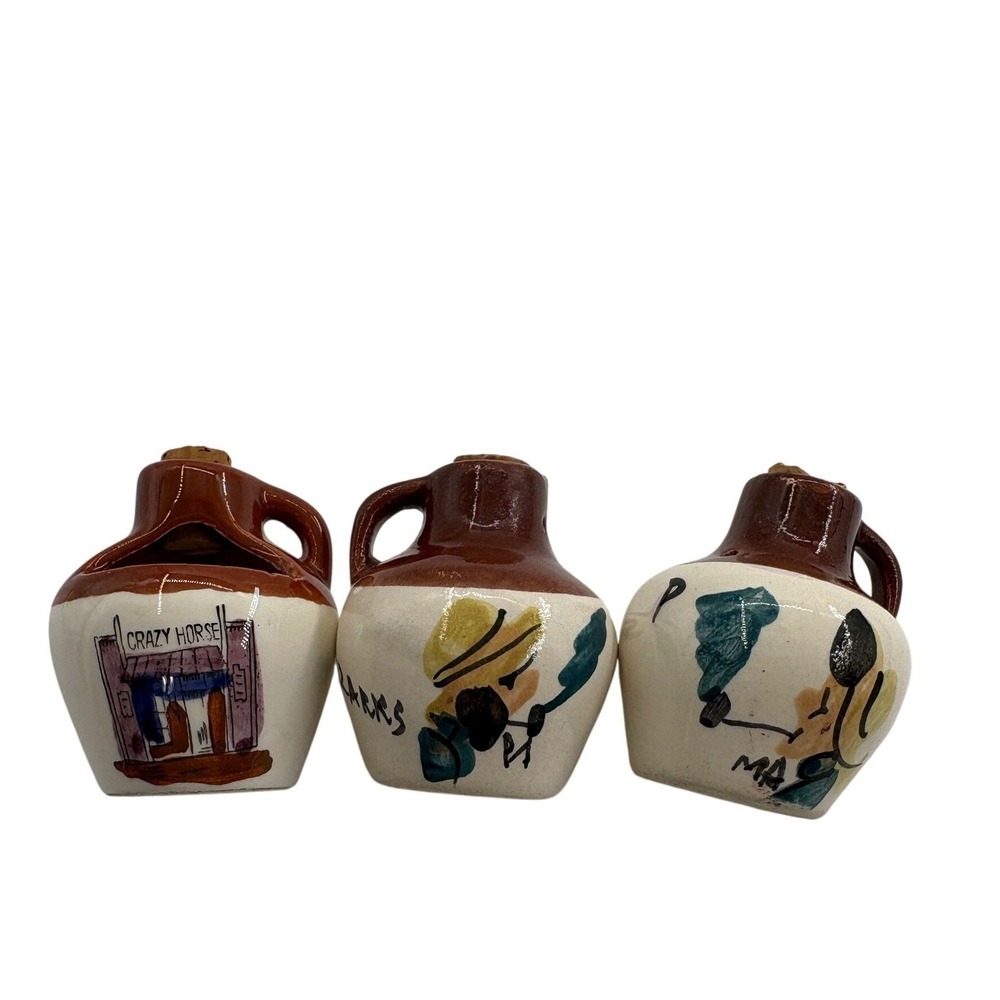 Vintage Hillbilly Moonshine Mini Jug Salt Pepper Shakers Match Holder Set 1950s